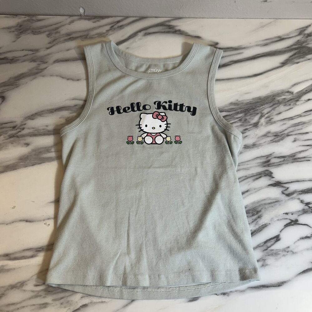 Hello Kitty High Neck Green Tank Top Flowers Ribbed Cropped Crop Top SZ S SANRIO